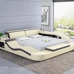 Linlamlim Multifunctional Ultimate Bed 2 People With Tatami, Storage, Cup Holder | Modern Genuine Leather Upholstered Smart Bed