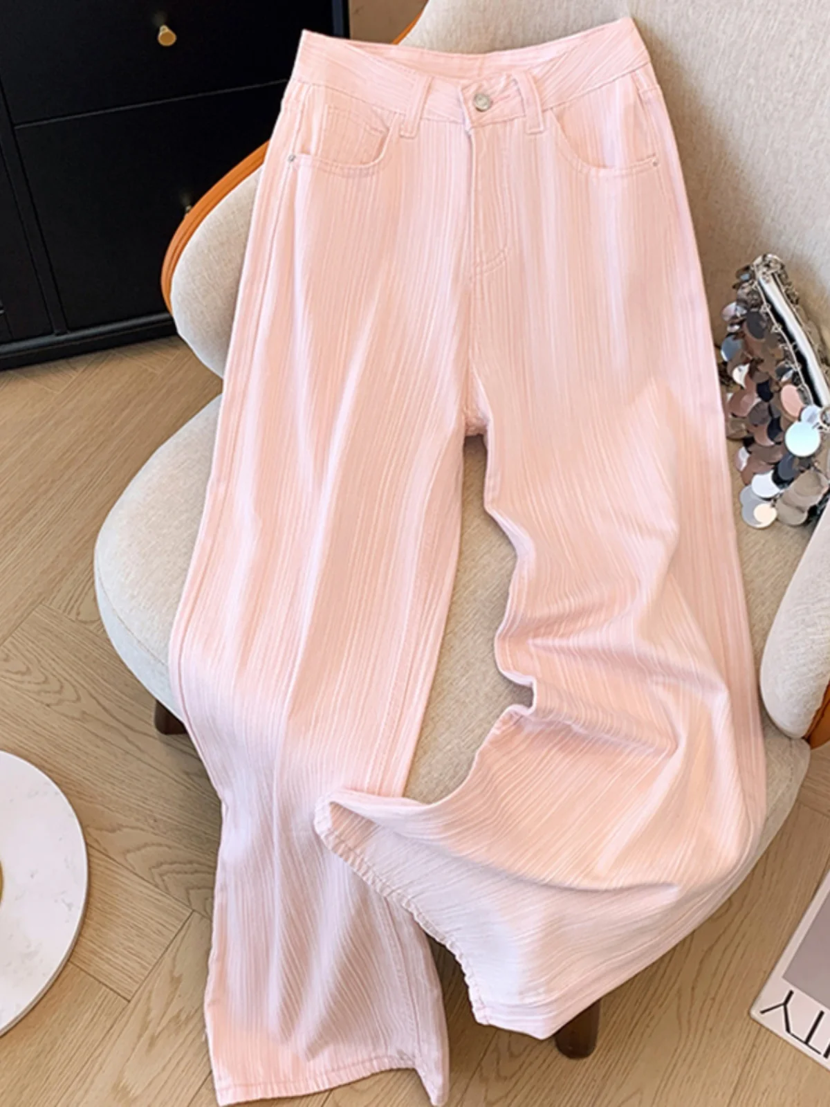 

High Waist Slimming Stripe Casual Pants Women's Thin Summer Versatile Slim Texture Pear Shape Straight Leg Wide Leg Pants