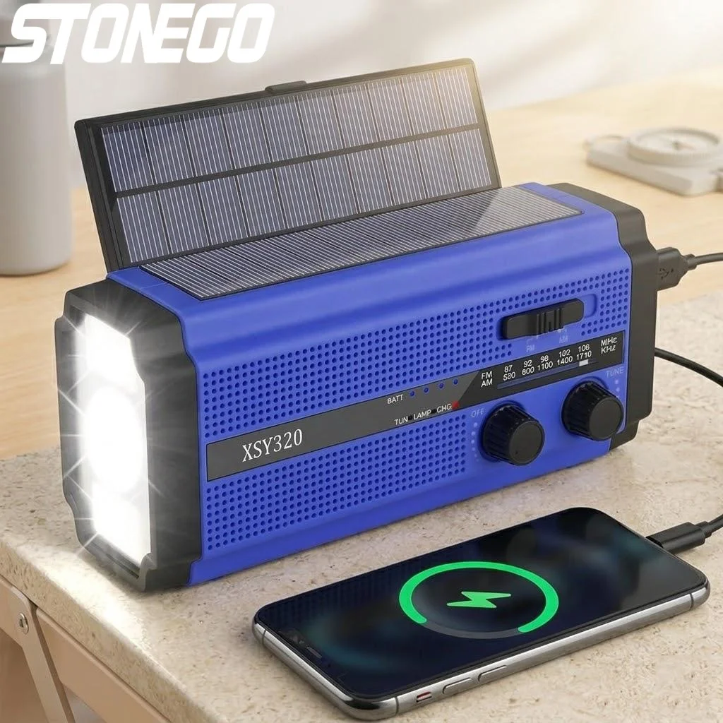 

Портативное AM/FM-радио на солнечной батарее с ручным приводом, функцией Power Bank 5000 мАч, LED-фонариком и лампой для чтения для кемпинга, походов и активного отдыха