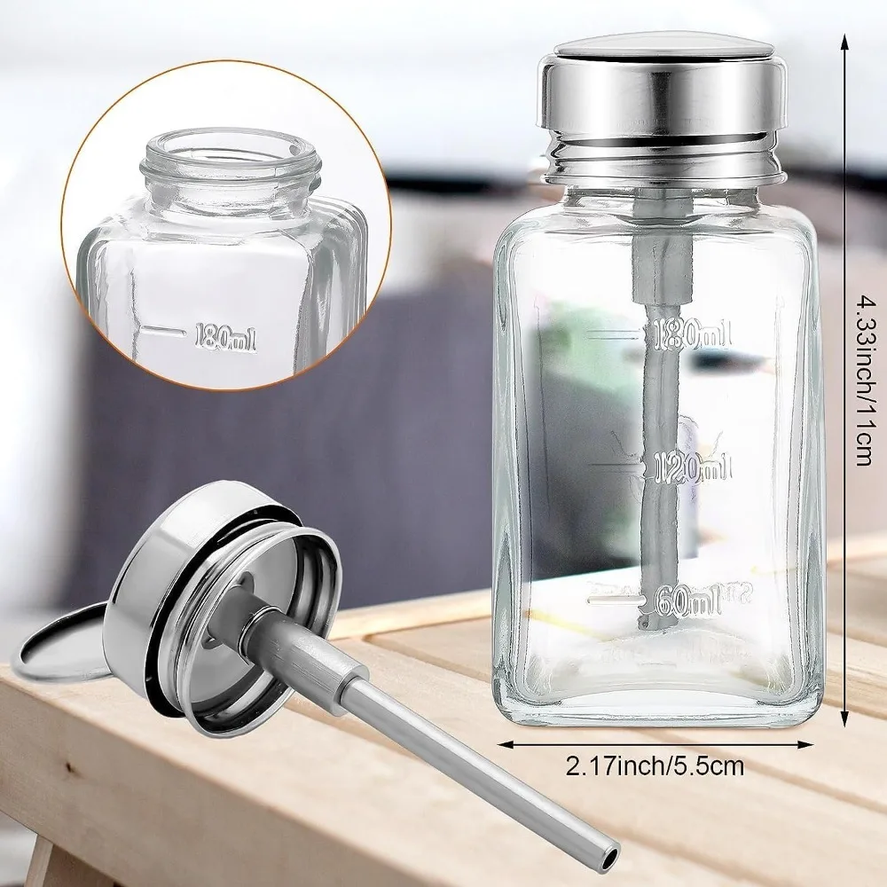 2 Stück 180ML Klare Pumpspenderflasche mit Metallklappdeckel, Glasflasche für Nagellackentferner, Handpumpspender, Kosmetikbehälter – Detail 2