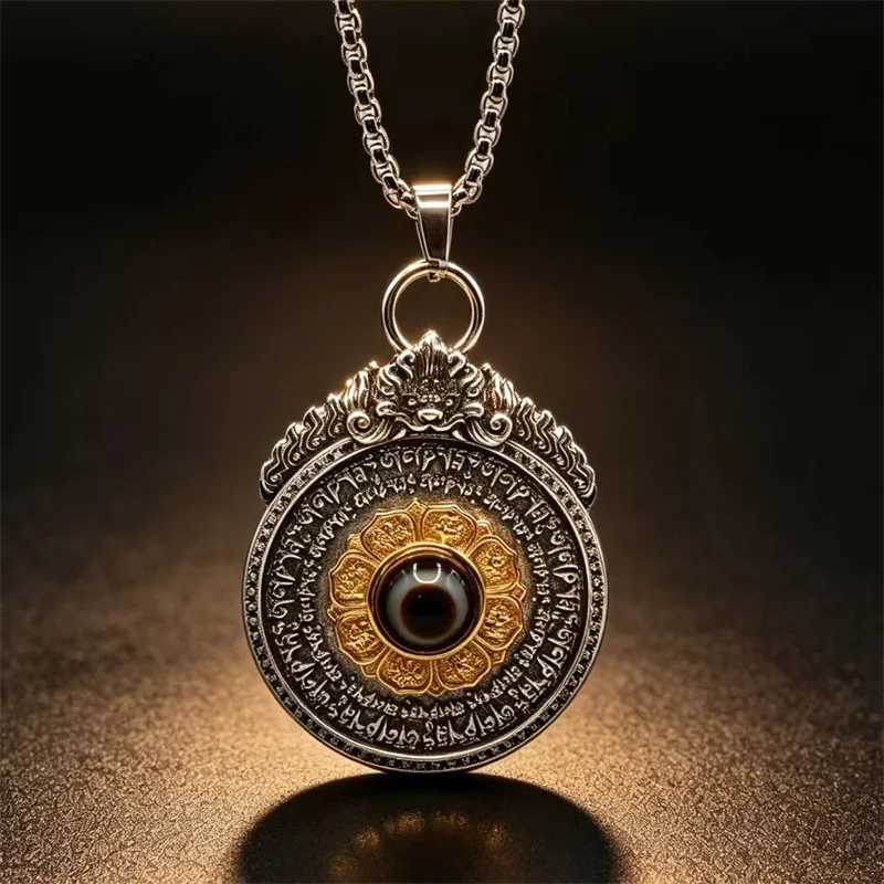 Blessing Eight Treasures of Buddhism Eye Lotus Necklace Women Jewelry Retro Relief Flame Beast Mantra Wheel Pendant For Men view 6