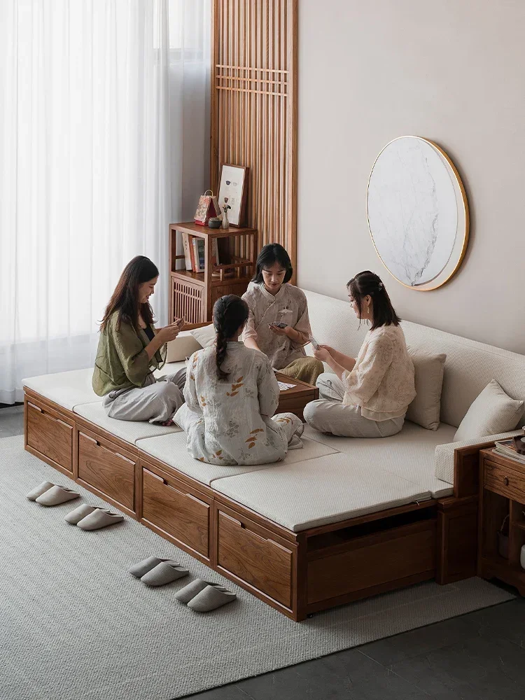 Sofá-cama push pull de madeira maciça, cama retrátil Zen do olmo, sofá-cama do armazenamento de canto
