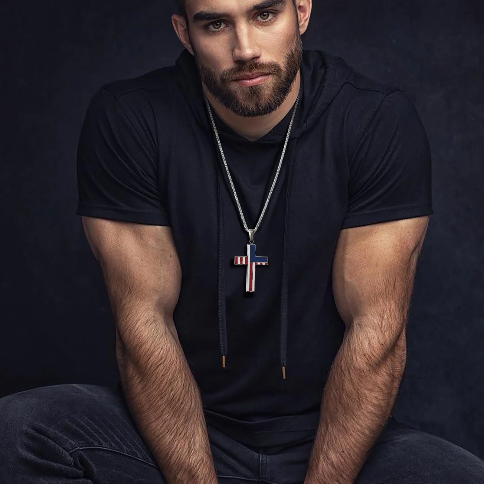Vnox USA Flag Cross Necklaces for Men, Blue Red Strip Star American Flag Pendant, Independant Day Gift
