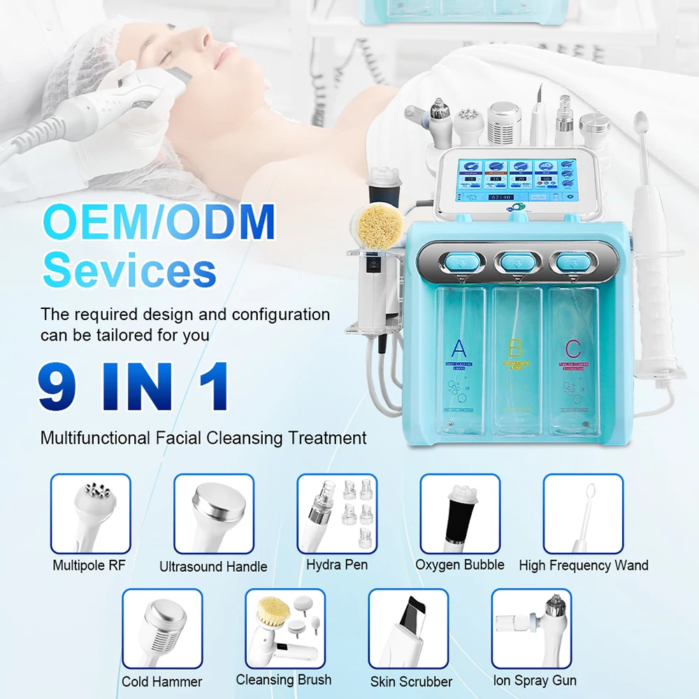 CE-geprüftes 9-in-1 H202 Small Bubble Oxgan Gesichtsgerät, Reinigung des Gesichts, Vacumm-Mitesser-Spritzpistole, Hydra-Spitzen für Salon und Zuhause