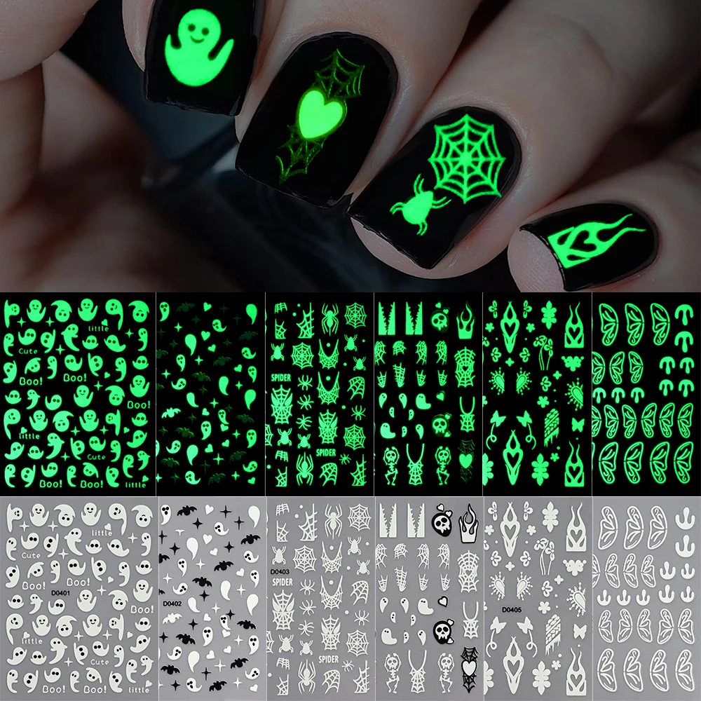 6pcs 3D Luminous Halloween Nail Art Stickers Spider Web&Ghosts Design Nail Decals Self Adhesive Spooky Stickers For DIY Nail #4*