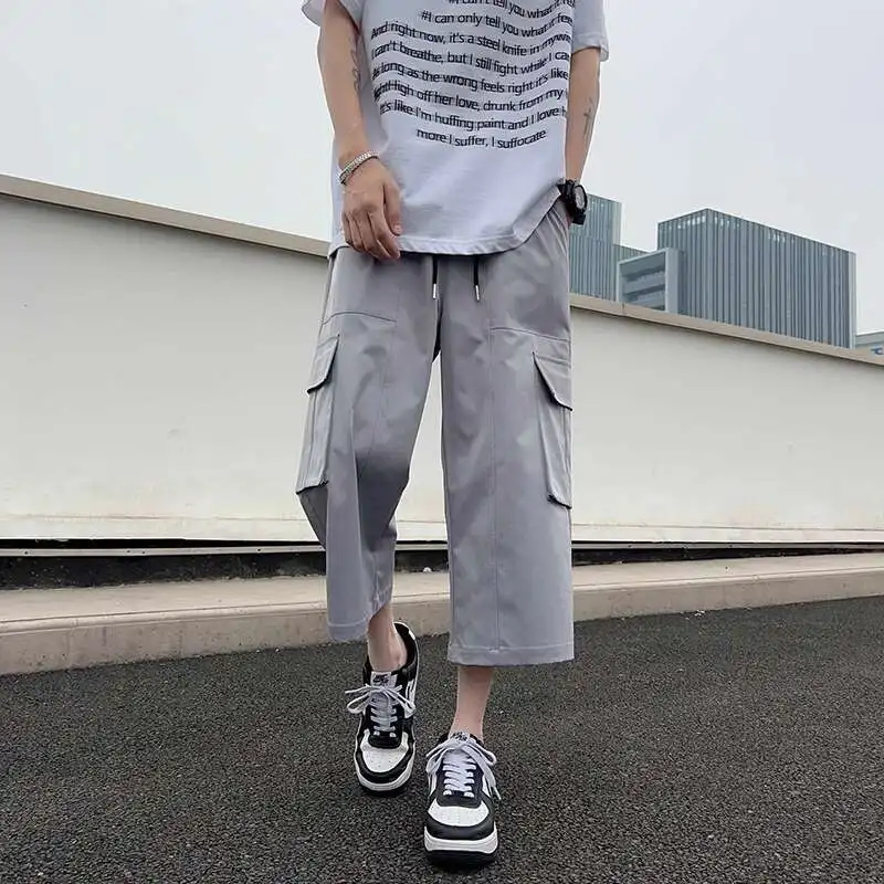 Summer Casual Pants Men Fashion Pocket Cargo Pants Men Japanese Streetwear Hip-hop Loose Wide Leg Pants Mens Cropped Pants