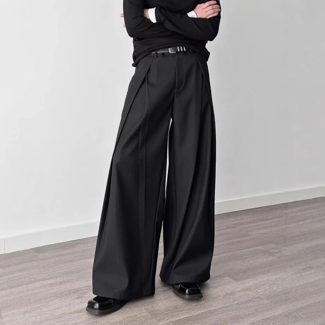 

American High Retro Gray Pleated Scimitar Casual Versatile Street Loose Wide-Leg Draped Floor-Length Suit Pants
