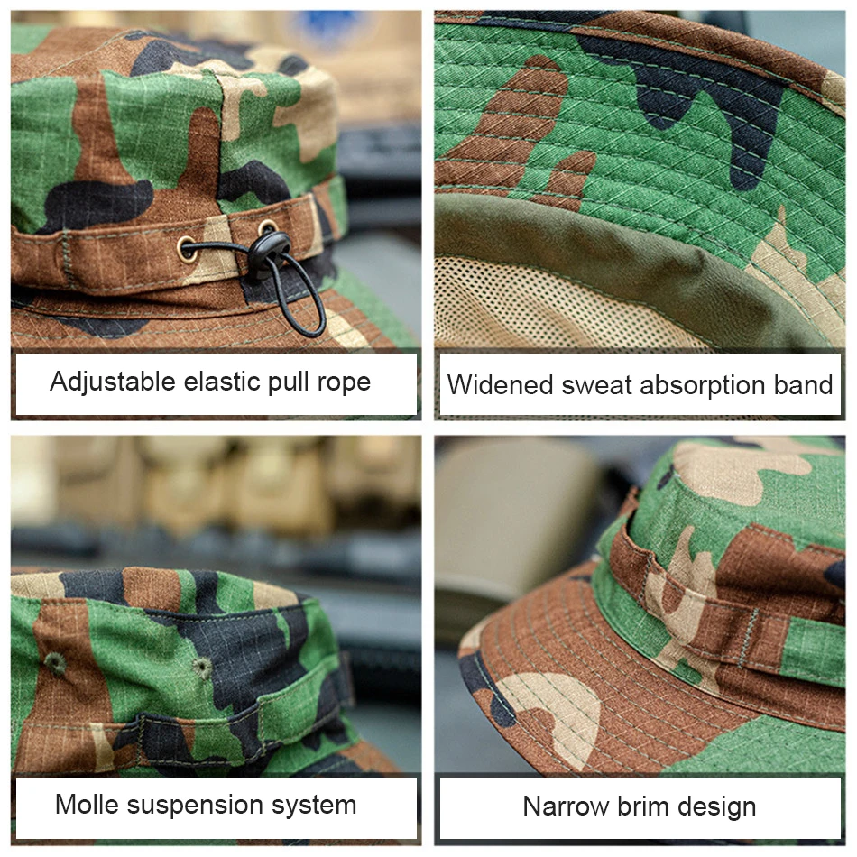 Military Fan Tactical Camouflage Short Brimmed Boonie Hat Outdoor Hiking Camping Fishing Narrow Brimmed Fisherman Sun Hats