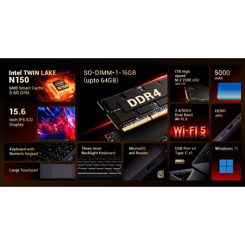 Firebat 15.6 Inch N150 Laptop With 16GB RAM 1TB SSD Intel Quad Core Win11 For OEM Manufacturer Price Laptop - Image 2