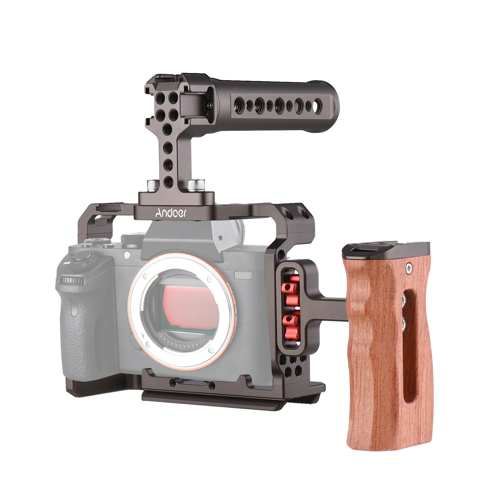 Andoer Camera Cage Kit Aluminum Alloy Video Rig with Top Handle Wooden Side Hand Grip Replacement for Sony A7R III/ A7 II/ A7III