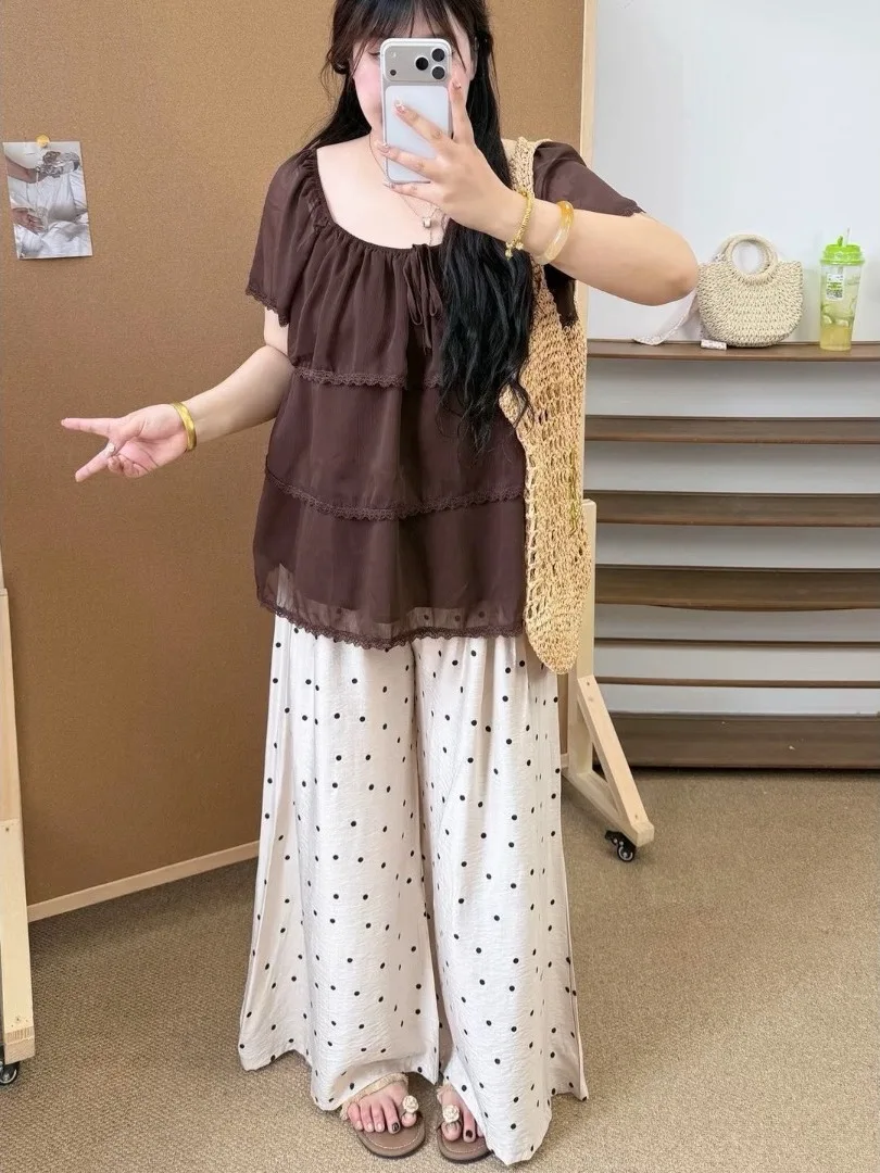

Slimming Effect Summer Loose Fly Sleeve Cake Top Polka Dot Pants High Waist Long Pants plus Size Set for Curvy Women