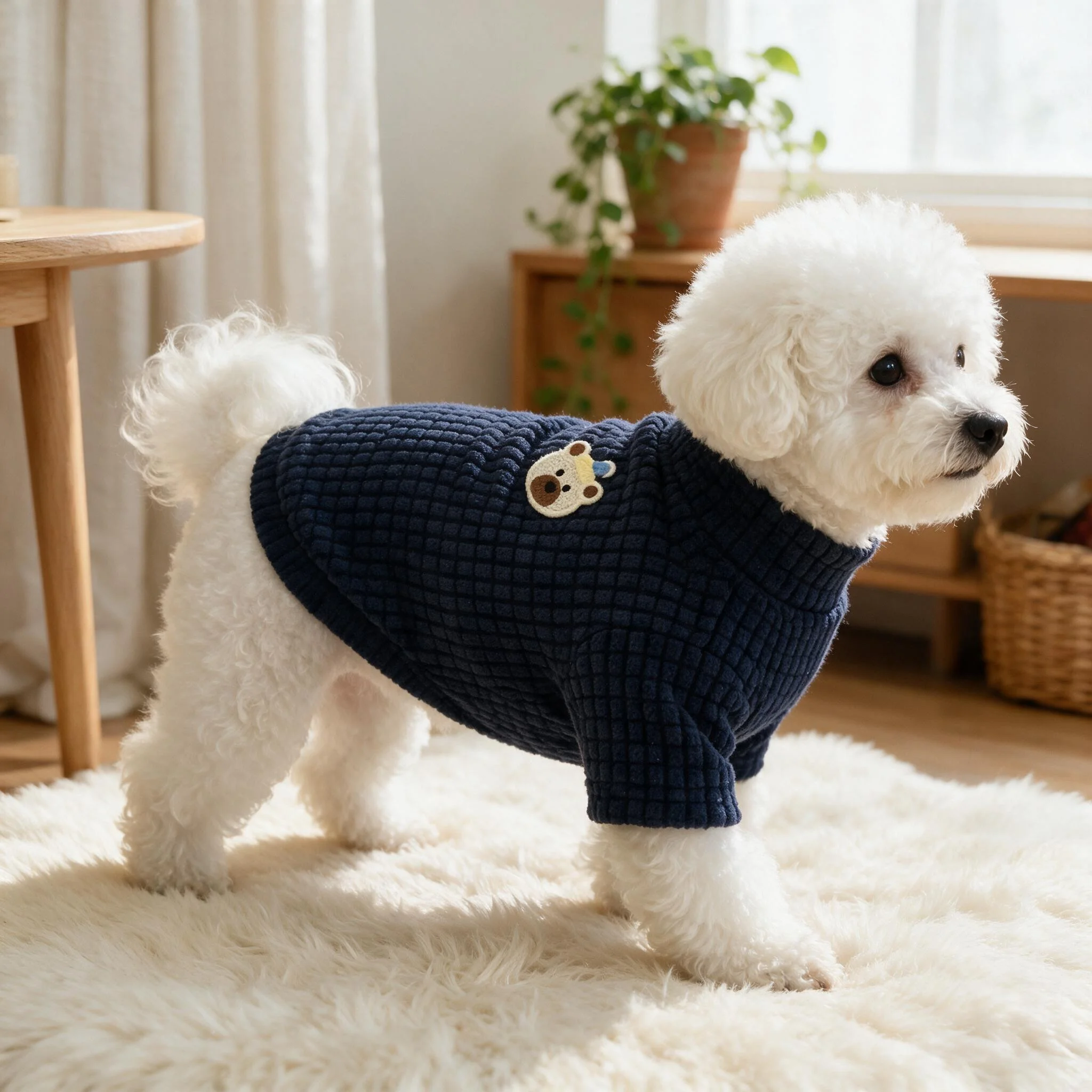 Small Dog Waffle Knit T-Shirt, Sleepy Bear Embroidery Mock Neck Pet Top, Soft Spring Fall Clothes for Tiny Puppies Bichon Teddy view 5