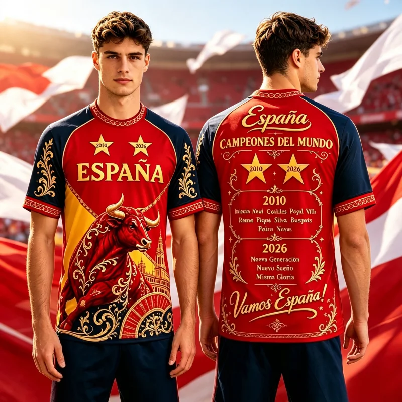 2026 Spanien Meisterschafts-Fußballtrikot Zweistern Spanischer Champion Herren 2010 Gedenk-Fußball-Sportbekleidung Familien-Kinder-T-Shirts