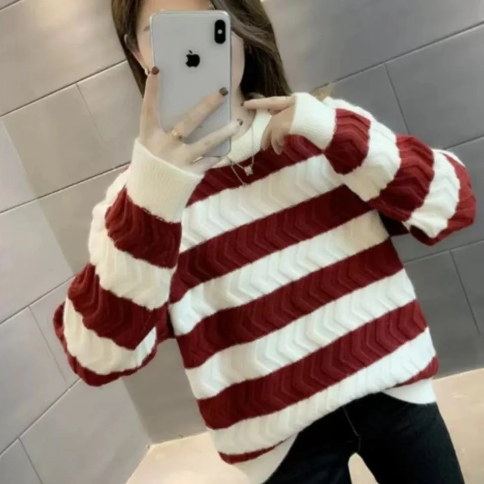 韓国ファッション 秋 長袖トップス レディース ニット セーター 2025 新作 ストライプ Oネック 暖かい プルオーバー レディース セーター