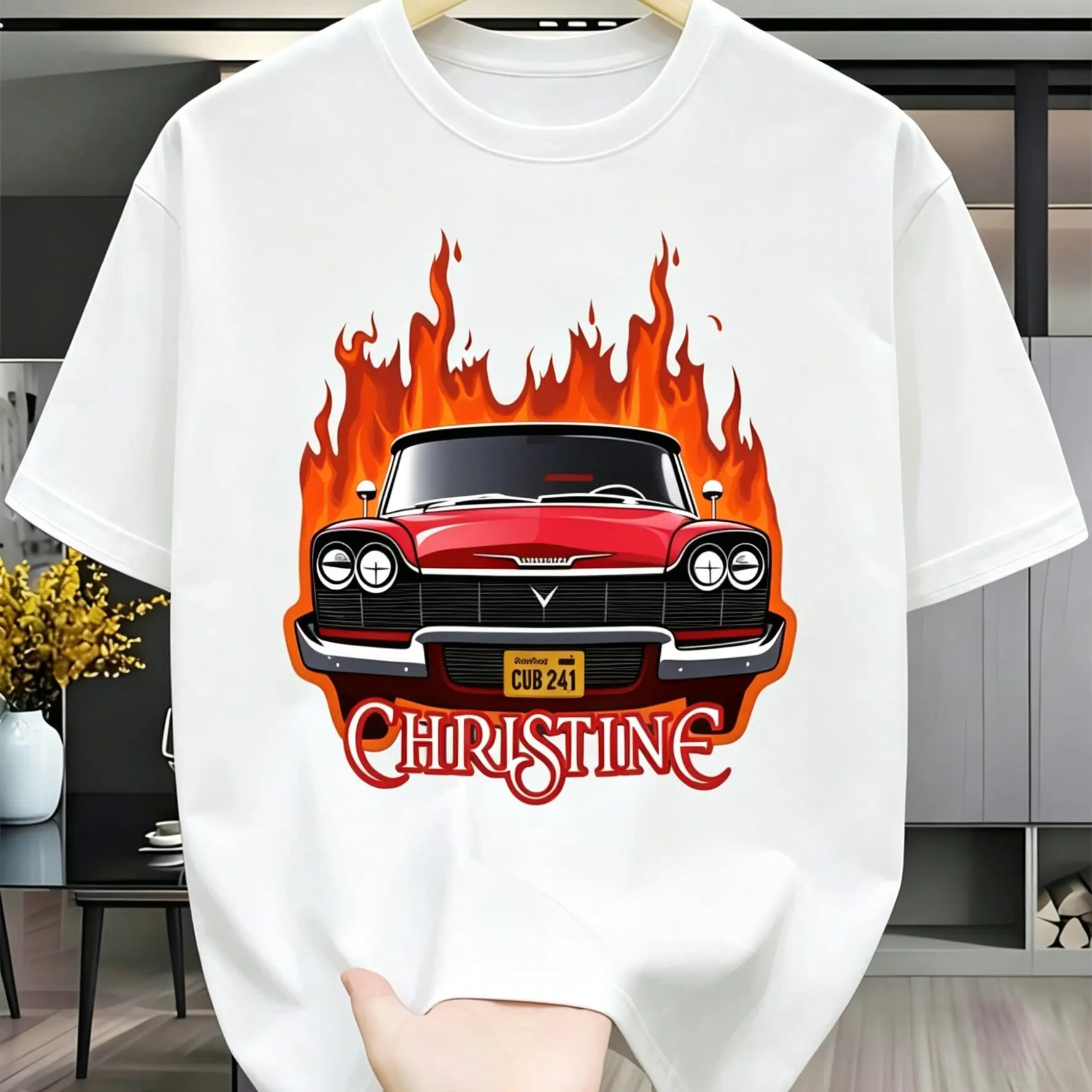 Selected Local Classic Vintage Car Pattern T-Shirt with Black Flame Design Featuring The CHRSTINE License Plate and Bold Font