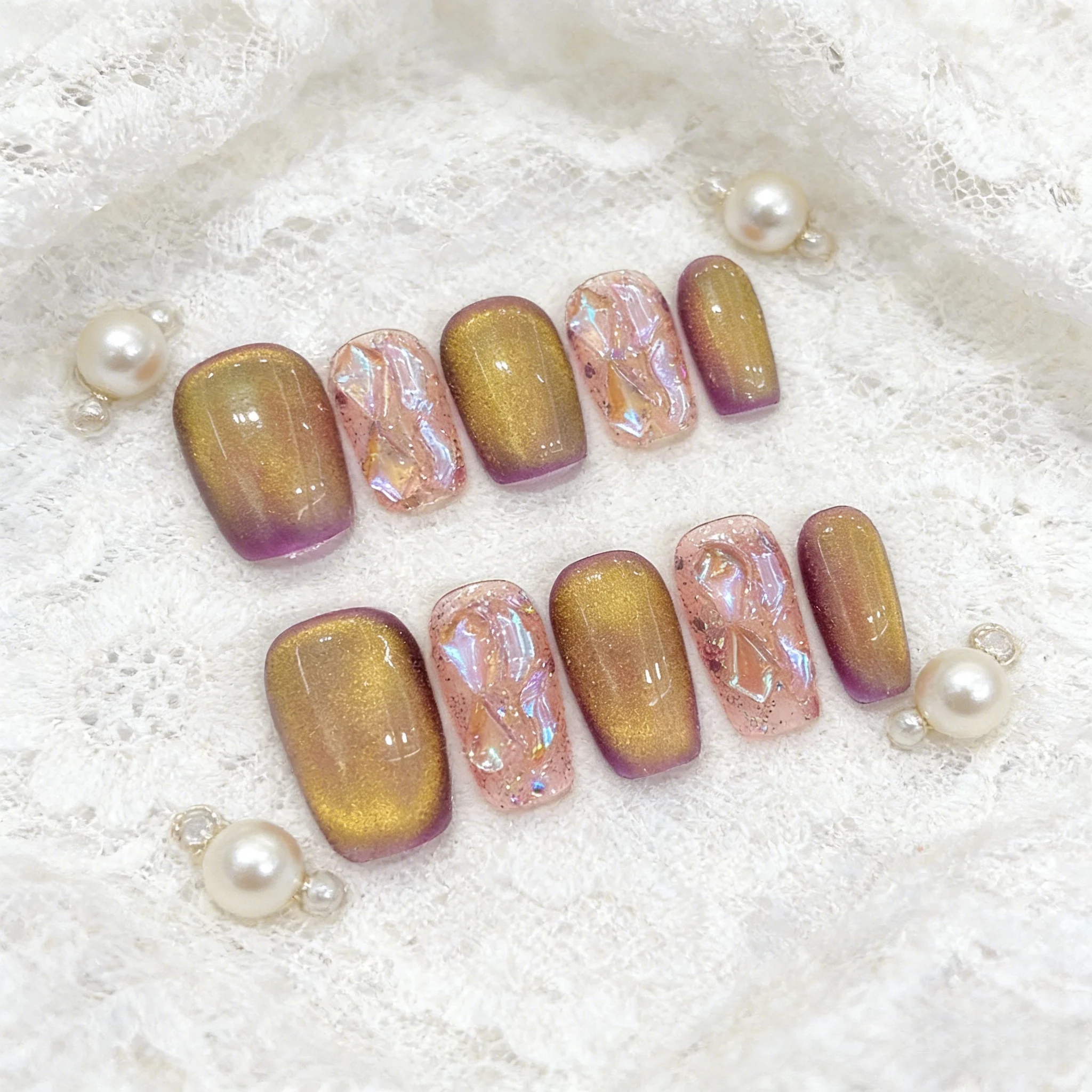 

10pcs Grape Purple Frost Handmade Nails Gradient Cat Eye Glass Bead Press on Nail Short Square Fake Nail for Women&Girl Nail Art