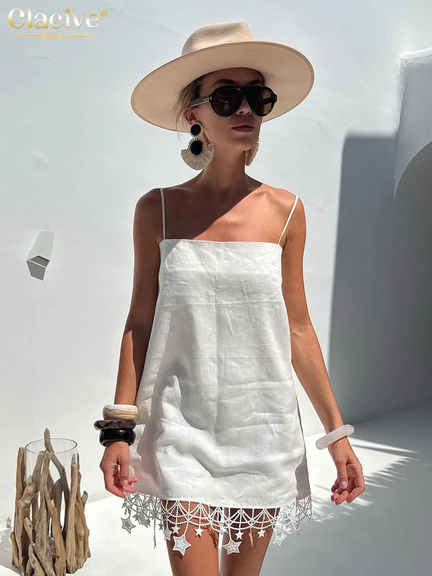 

Clacive Fashion Loose White Cotton Women's Dress Summer Strap Sleeveless Mini Dresses Sexy Classic Solid Female Dress Streetwear
