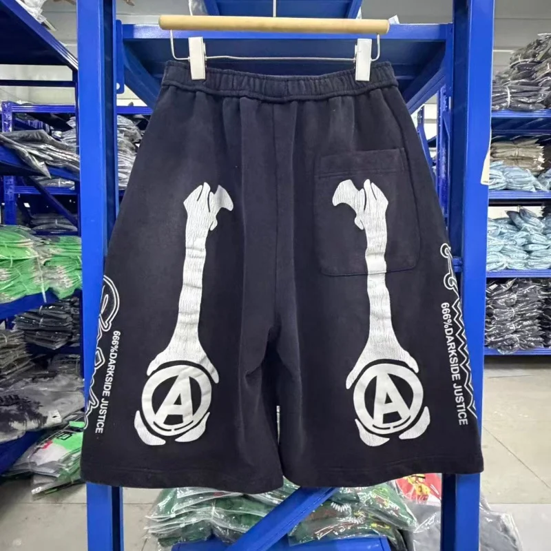Men Vintage Washed Black Shorts Gothic Skeleton Print Loose Fit Streetwear Pants