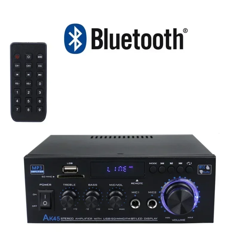 

AK45 Digital Amplifier BT 5.0 Power Amplifier 300WX2 Output Channel 2.0 Max 400W Subwoofer Hi-Fi Bass Audio Stereo Receiver