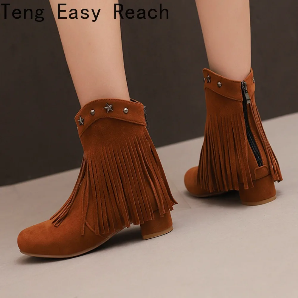Faux Suede Ankle Boots Women's Flock Retro Ankle Boots Student Girls Height Increasing Rivets Fashion Sexy Tassel Boots 32-48