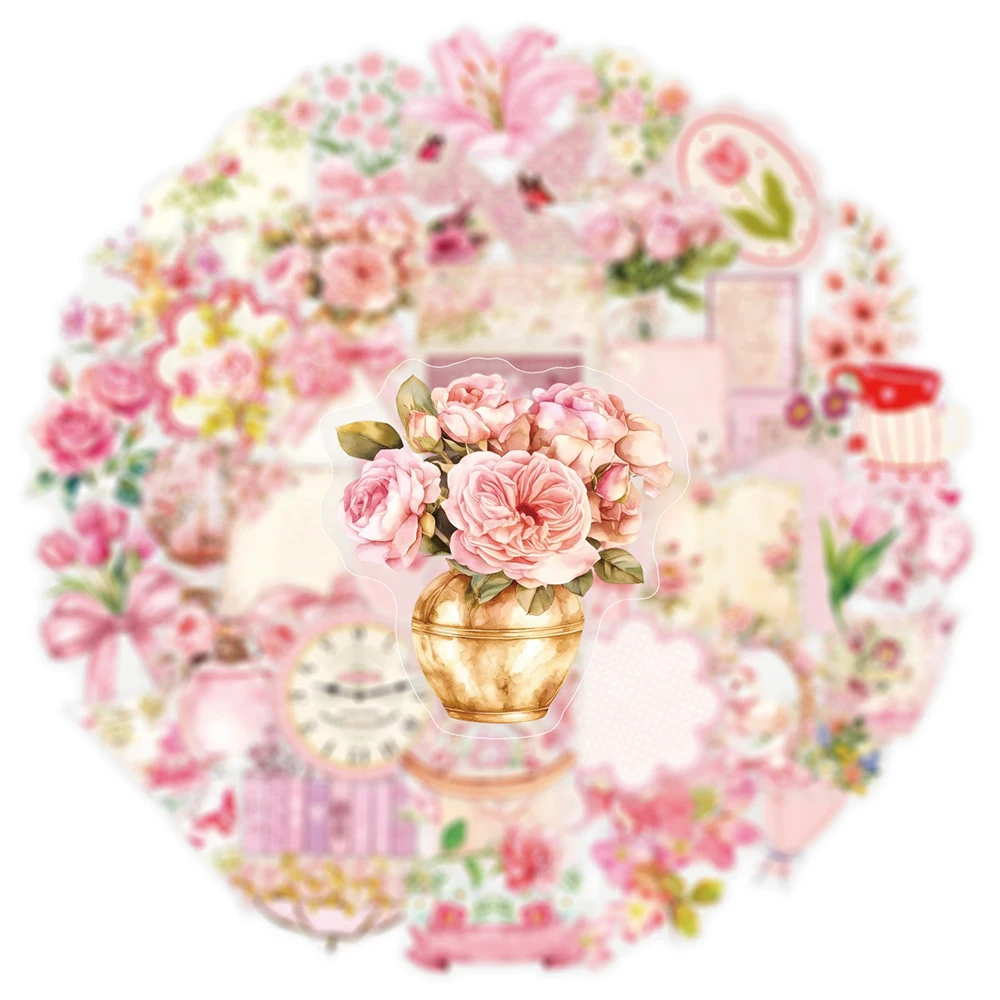 

10/30/50pcs Retro Pink Plant Flowers Transparent Stickers Aesthetic Girl Decoration Decals DIY Helmet Guitar Laptop Cute Sticker
