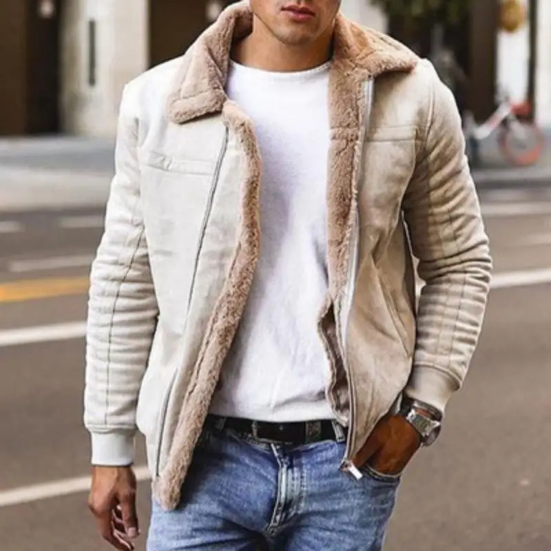 Spring and Autumn Winter Casual Slim Fit with Velvet Pocket Zipper Imitation Leather Velvet Fur Integrated Warm Jacket for Men