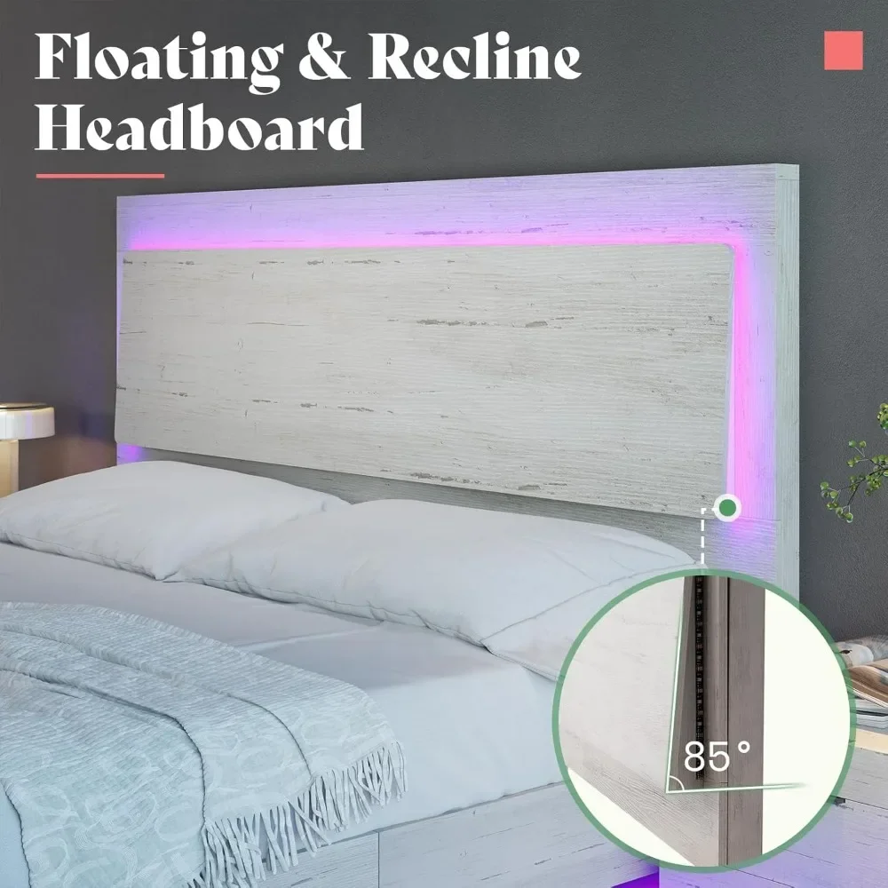 King Floating Bed Frame, Quinta com cabeceira Recline, Cama Plataforma com Luz LED, Sem Box Spring Needed