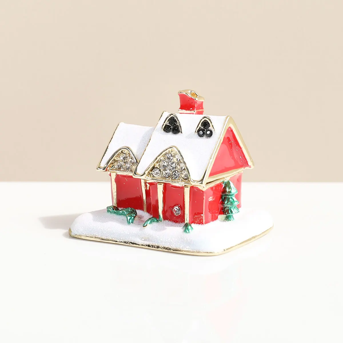 1PC Christmas House Figurine Trinket Boxes Hinged Rhinestones Jeweled Enamel Jewelry Ring Ornament Metal Colorful Box