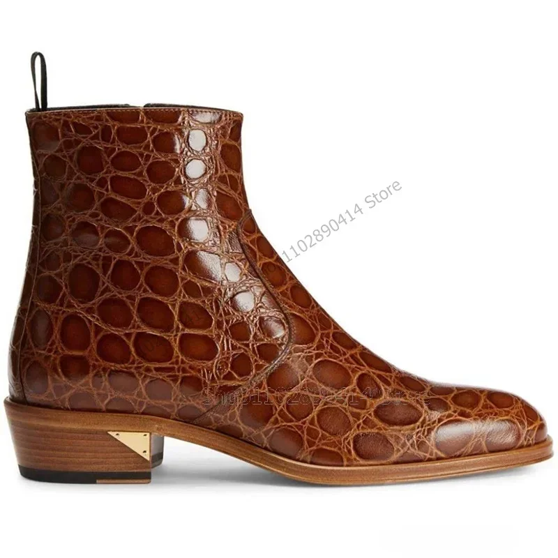 

Brown Crocodile Print Round Toe Ankle Boots Fashion Side Zipper Men Shoes Luxury Handmade Party Banquet Office Men Dress Shoes