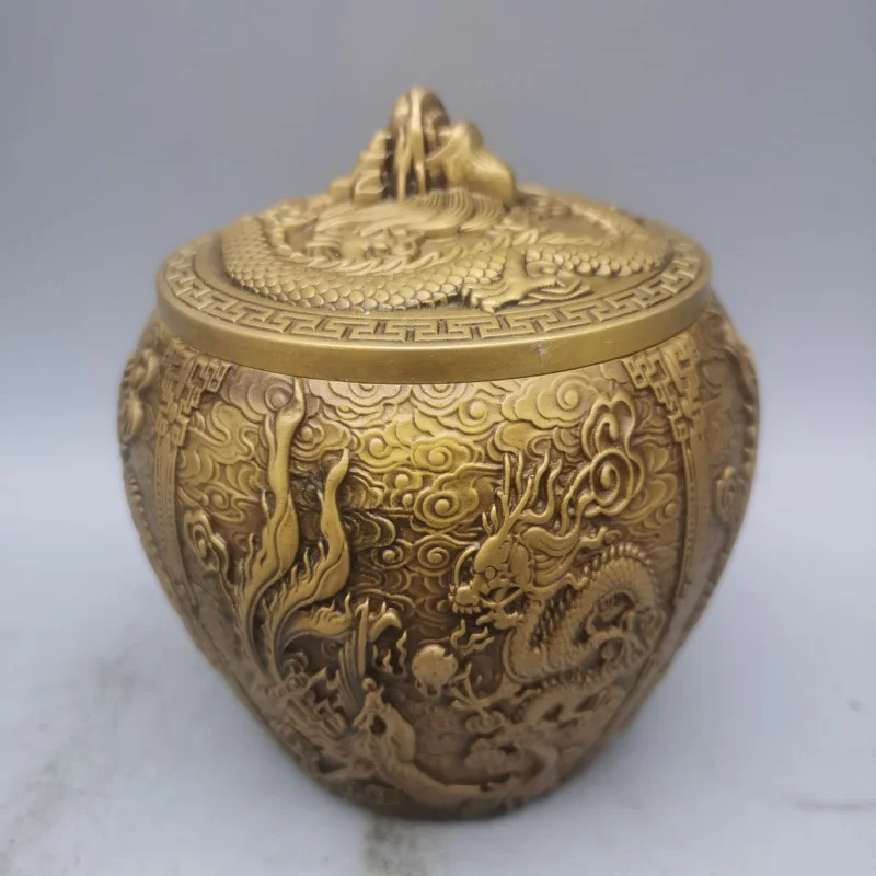 

Antique Style Pure Copper Dragon and Phoenix Supreme Tea Canister Handmade Relief Copper Tea Canister Ornament Craft