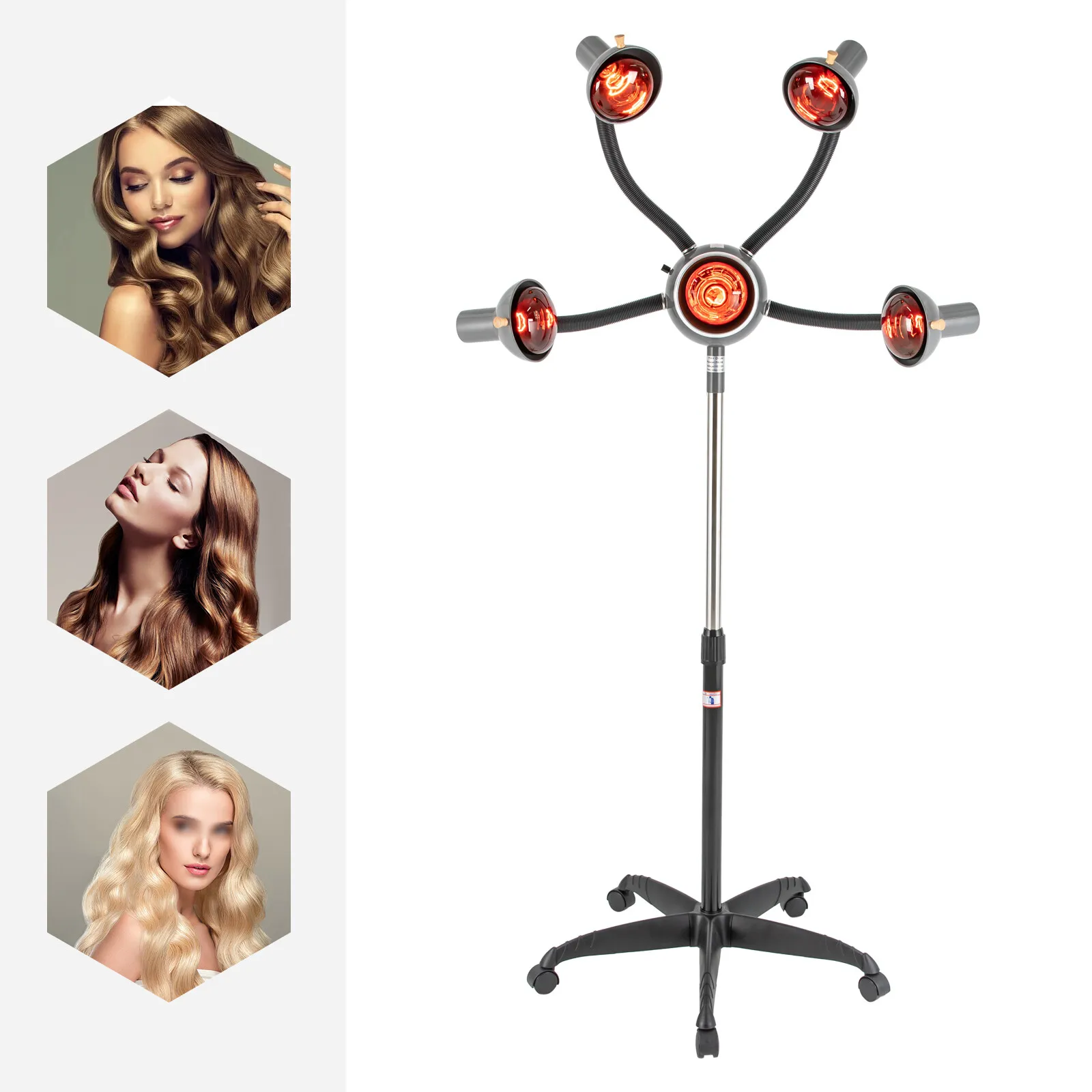 مكواة بخار شعر لصالونات التجميل باللون الأسود مكونة من 5 رؤوس من الزجاج والحديد، لمبات تعمل بالأشعة تحت الحمراء بقدرة 750 وات لاحتياجات تصفيف الشعر الفعالة