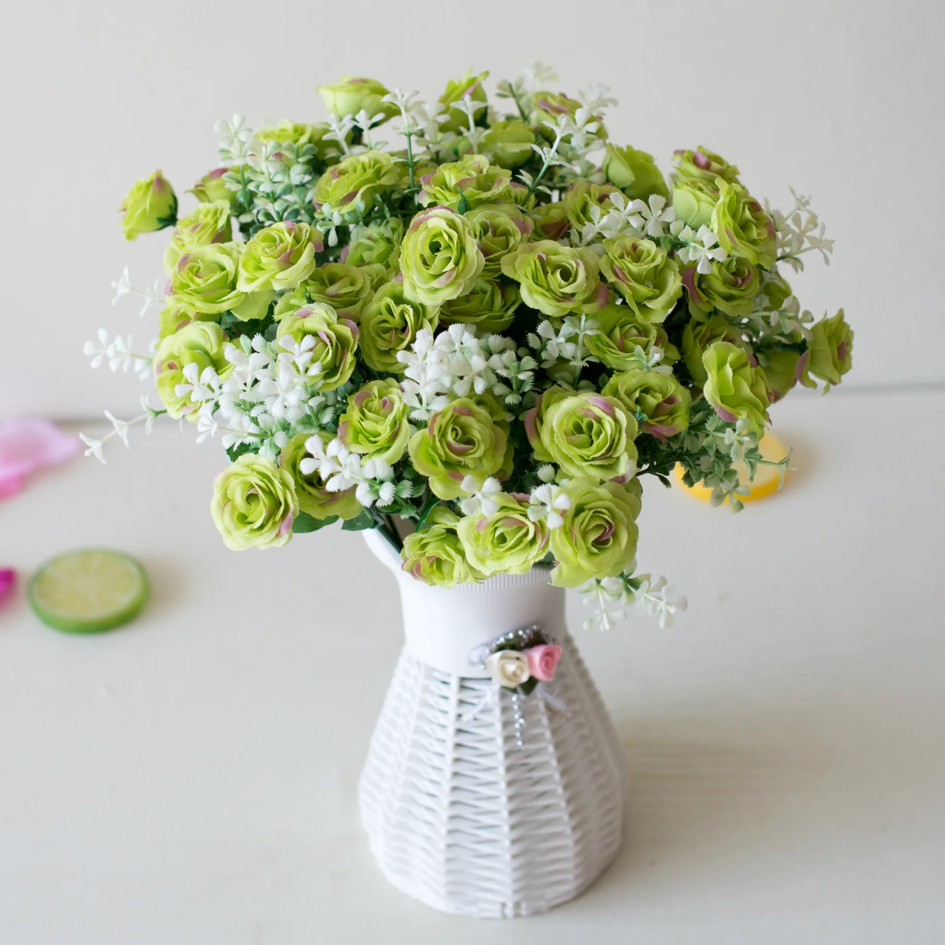 30cm 15Heads Artificial Mini Roses Flower Bouquet Home Living Room Office Desktop Ornament Fake Flowers Wedding Party Decor 2