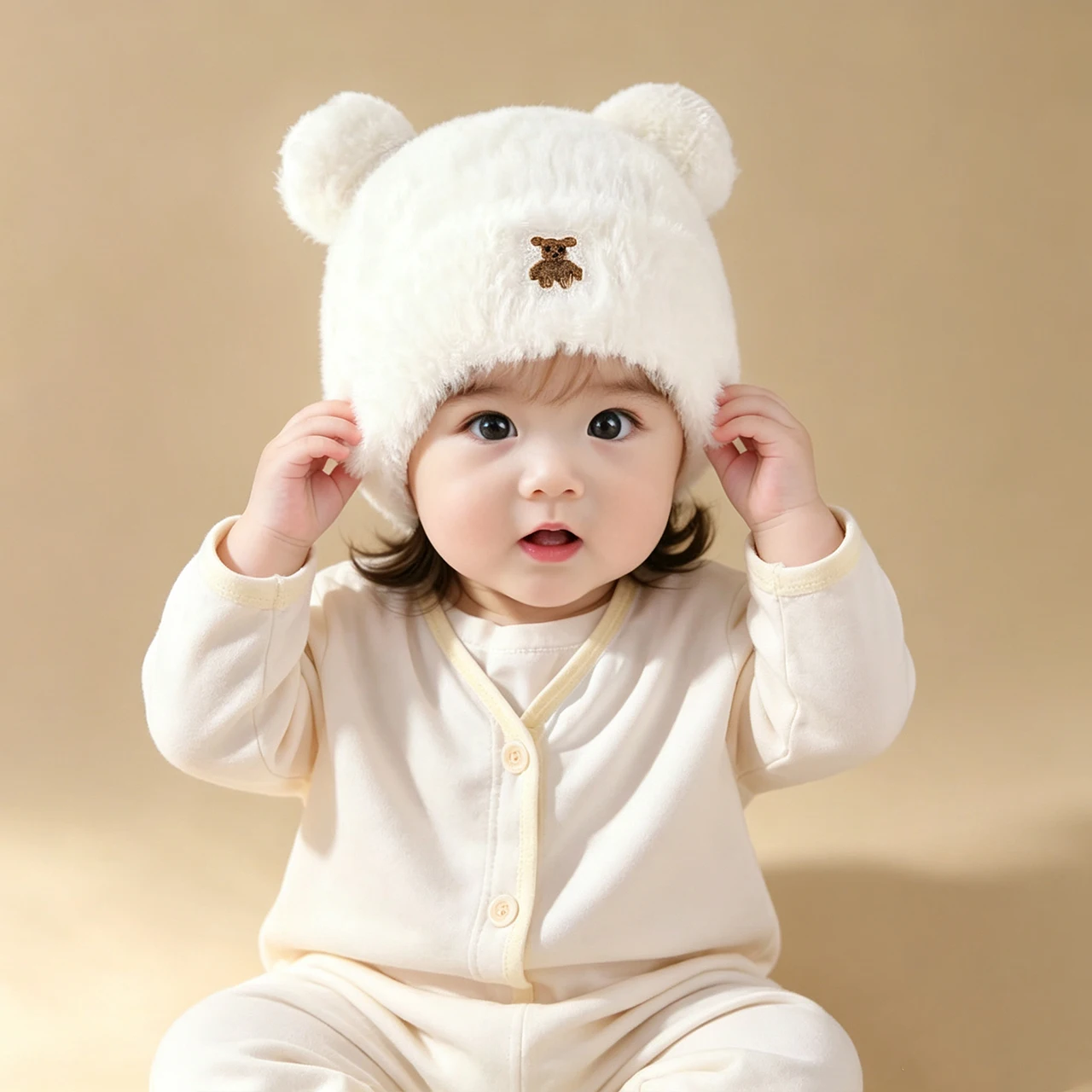 Bild 3: Niedliche Bären-Plüschmütze für Kinder, Verdickte Samt-Babyohrenschutzkappe, 6-24 Monate Kleinkind-Mützen, Winter-Warme Säuglings-Pullover-Mützen