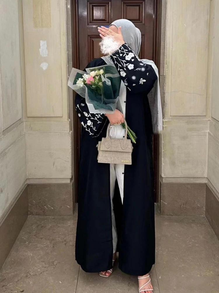 floral Embroidery Muslim Abaya for Women Eid Dress Morocco Ramadan Lace-up Abayas Kaftan Islam Cardigan Dubai Arab Long Robe