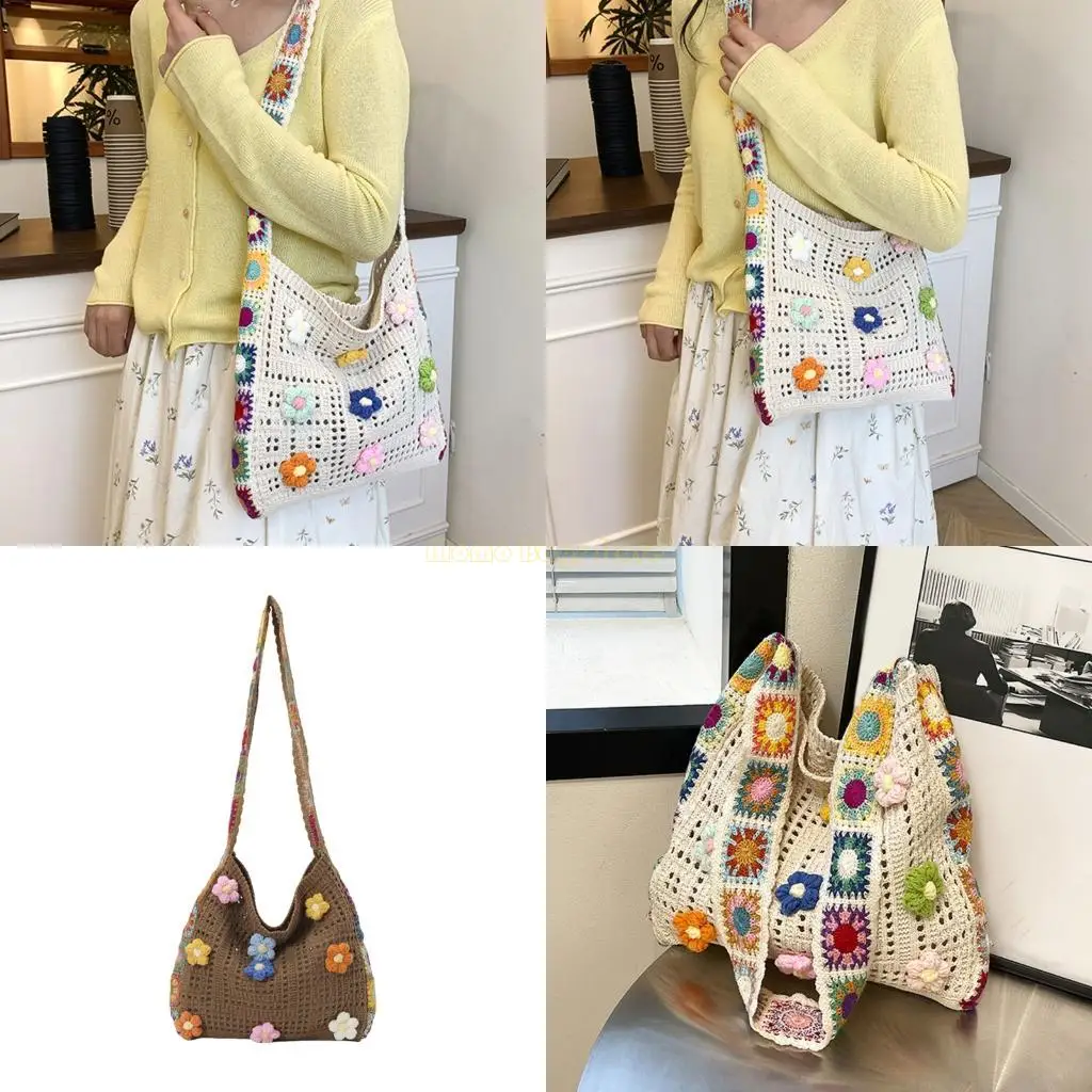 

X90D Crochet Toted Bag Mesh Beach Bag Aesthetic Shoulder Handbag Women Crossbody Bag