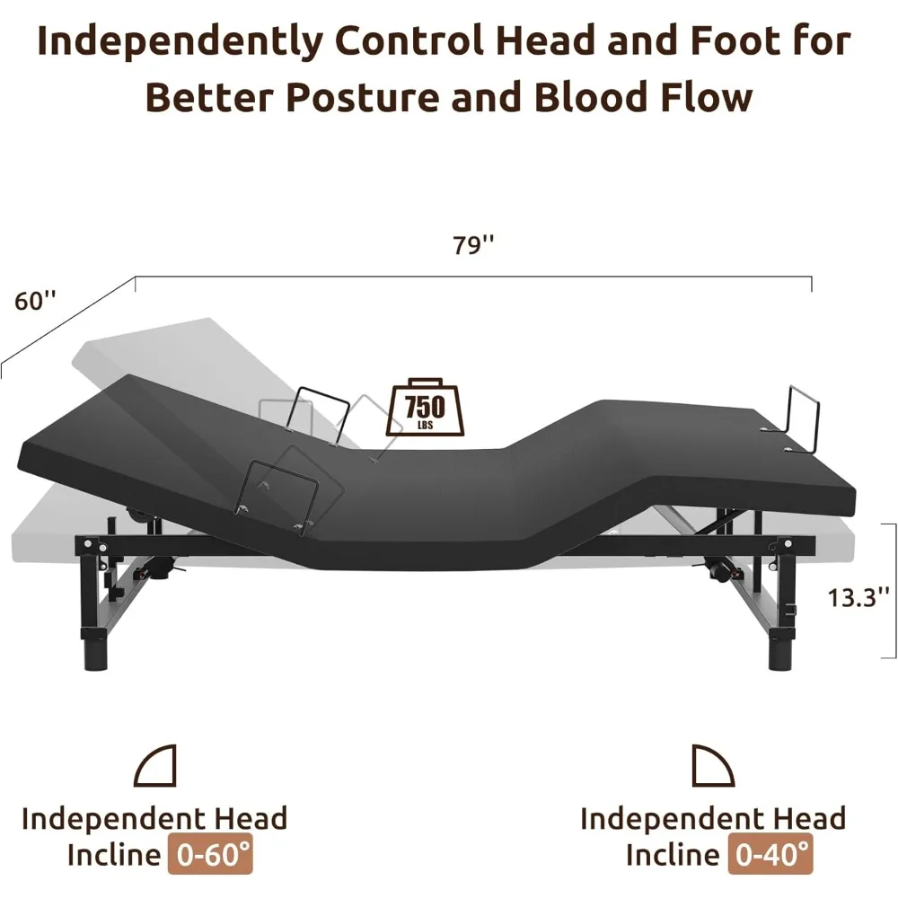 Queen Adjustable Bed Frame, Wireless Remote Control, USB Charging Station, Silent Motor, Anti-Sliping Suede Cover, Bed Frame