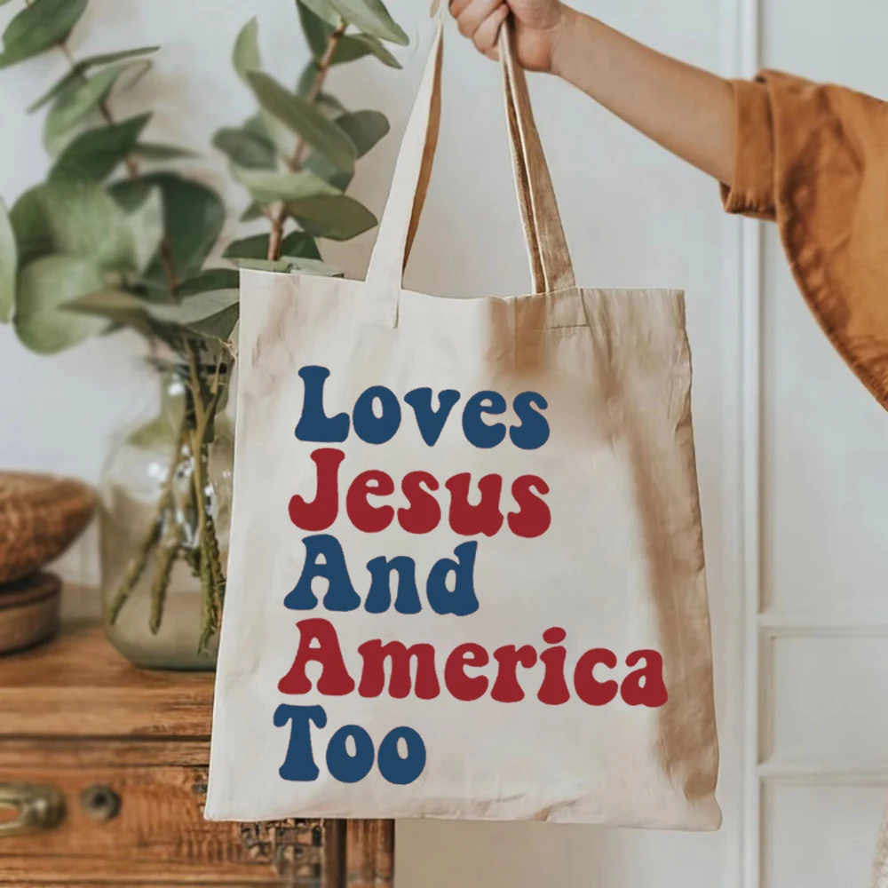 Loves Jesus and America Too Tote Bags America Patriotic Women's Elegant Bag USA Flag 4th of July Independence Day Ladies Handbag