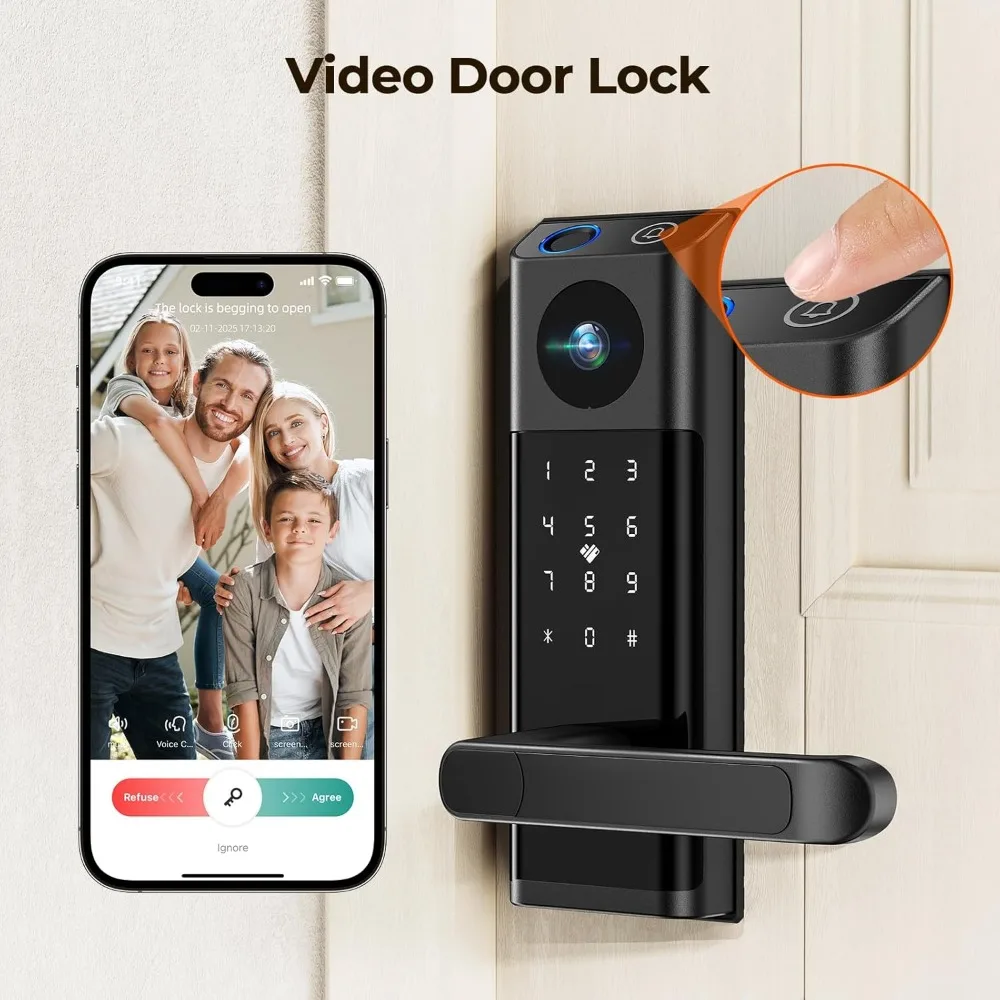 Cerradura inteligente con vídeo con cámara y timbre, cerradura de puerta de entrada sin llave 5 en 1 con manija, huella digital + código de teclado + Control de aplicación remota +