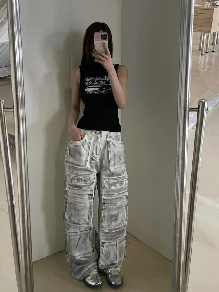 ADAgirl Oversize Wide Leg Cargo Jeans Women Y2k Vintage High Waist Pockets Do Old Straight Denim Pants Hip Hop Casual Trousers