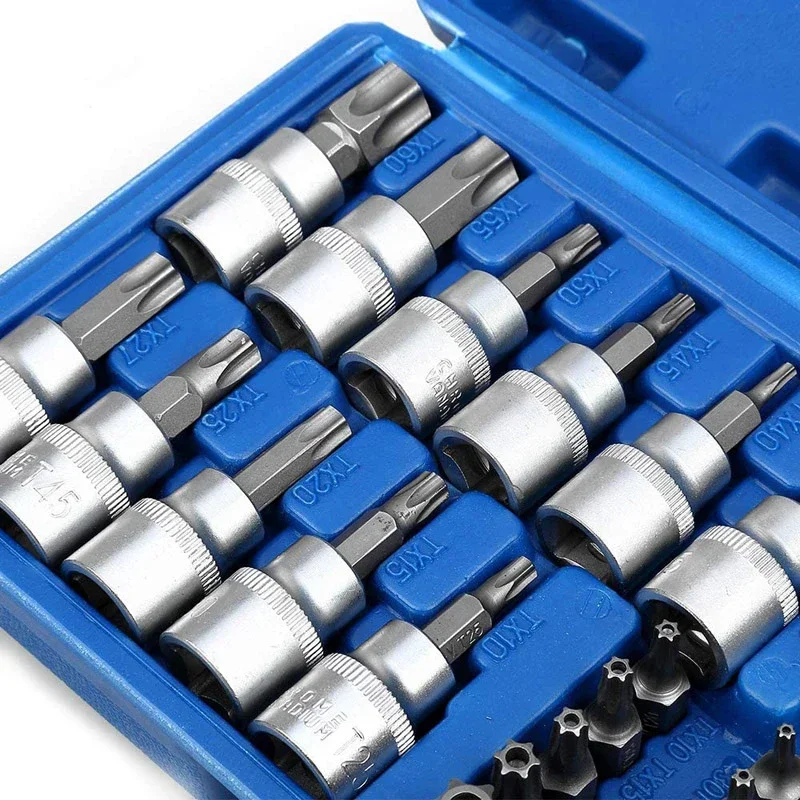 34pcs Torx Star Sockets & Bit Set Male / Female E- Security Bits Drive Handheld Tool Torque Star Socket with Blue Case