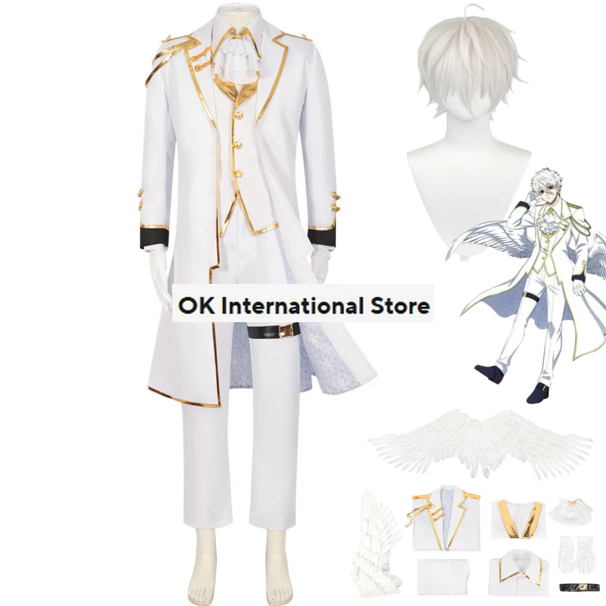 Anime Bloqueio Azul Nagi Seishiro Cosplay Fantasia, Anjos e Demônios Peruca, Uniforme Branco, Manto, Conjunto completo Asa Prop, Homem Fato de Halloween