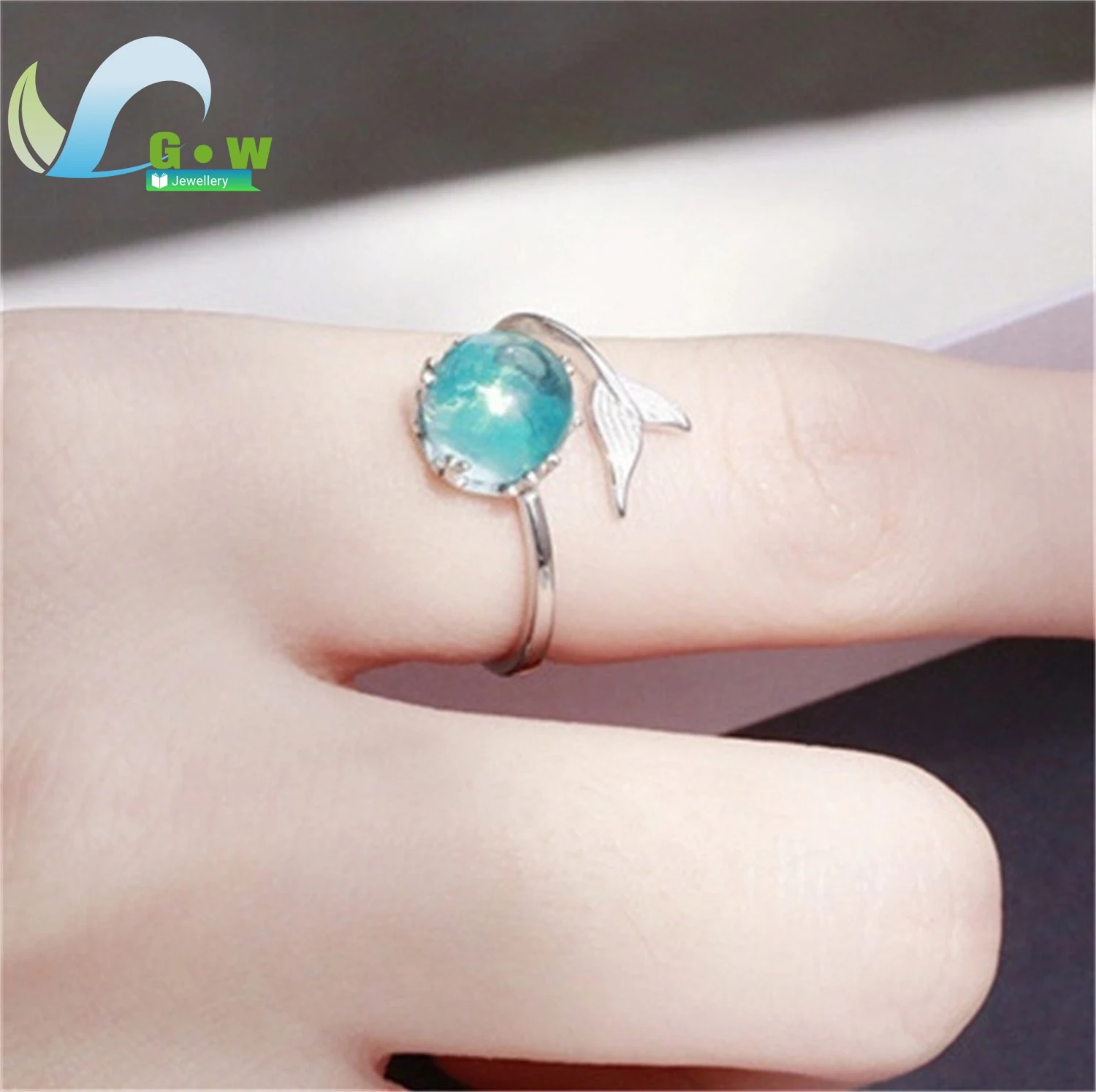 Anillo Abierto Ajustable con Tema de Sirena, Cristal Azul, Cola de Pez, Estilo Coreano Minimalista, Apilable, Joyería para Mujer