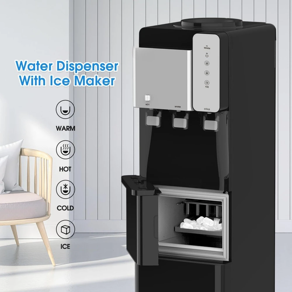 Water Cooler Dispenser, Top Load Hot Cold W/ Ice Maker, 3 Temperature & Child Safety Lock, 5 Gallon Bottle Water Dispenser