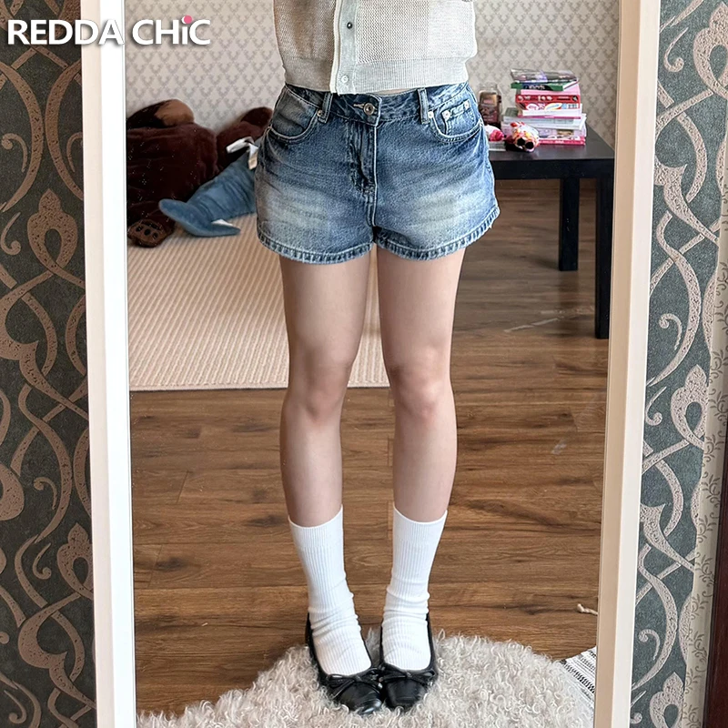 ReddaChic Summer Women Distressed Jean Shorts Versatile Embroidered Low Waist Plain Cleanfit Petite Denim Shorts Simple Clothes