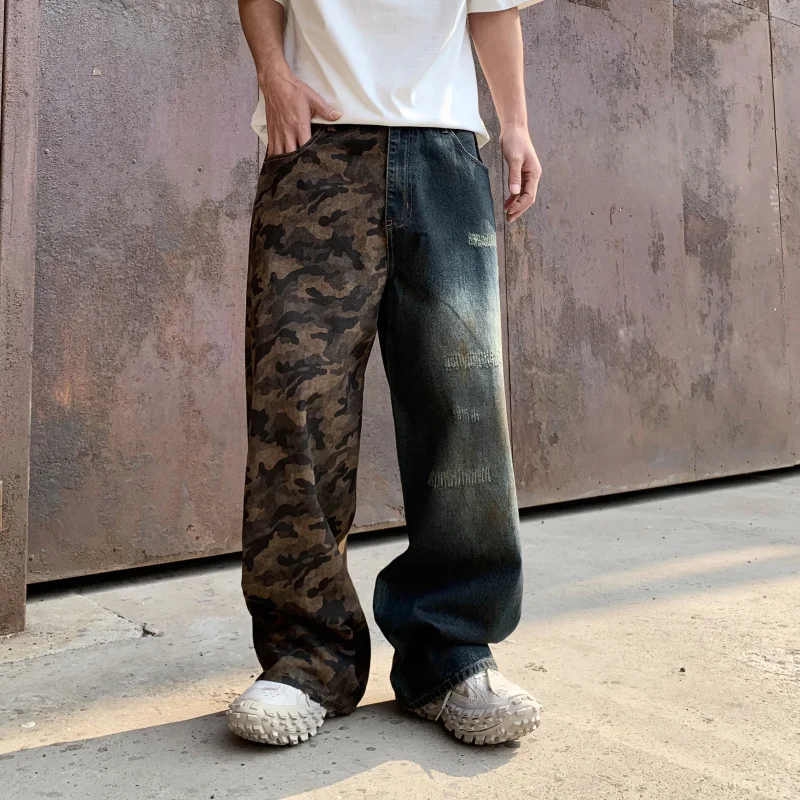 Streetwear high-end tide American camouflage splicing loose straight men's jeans nostalgic blue wash men's long pants