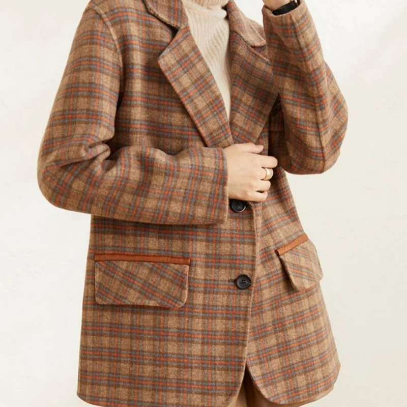 

Spring And Autumn Woolen Suit Jacket For Women, Retro Style With A Houndstooth Design, Loose And Versatile In Winter