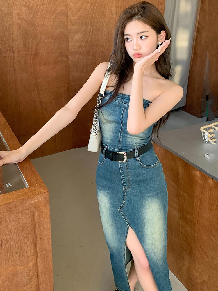 Summer New Denim Dress Feminine Bag Hip Jeans Skirt Women Slash Neck Strapless Party Dresses Vintage Girl Holiday Dress Fashion