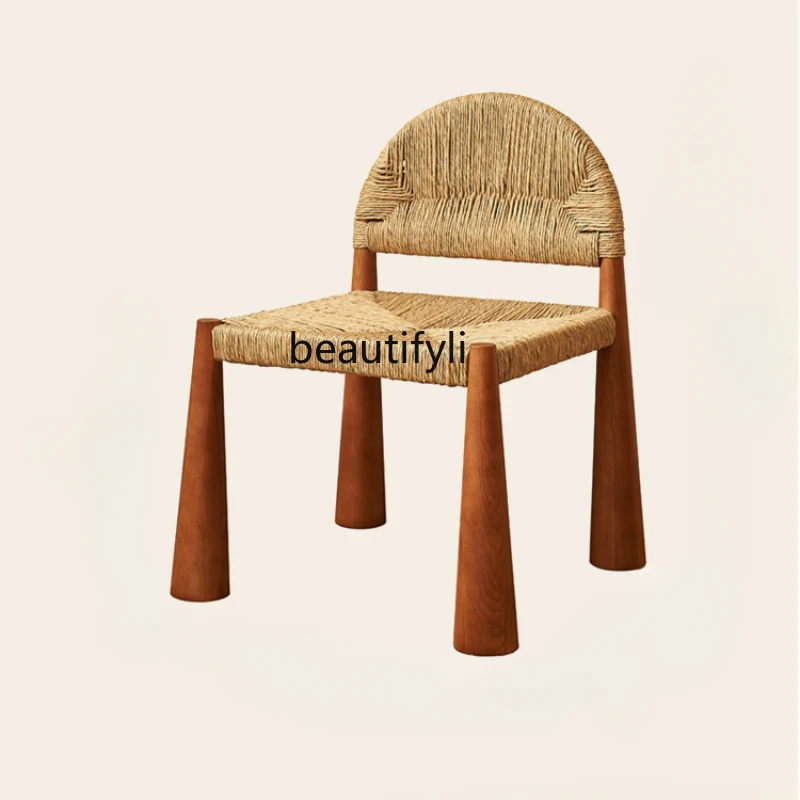 

Retro Dining Chair Solid Wood Woven Backrest Home Leisure Designer High-End Creative Small Apartment