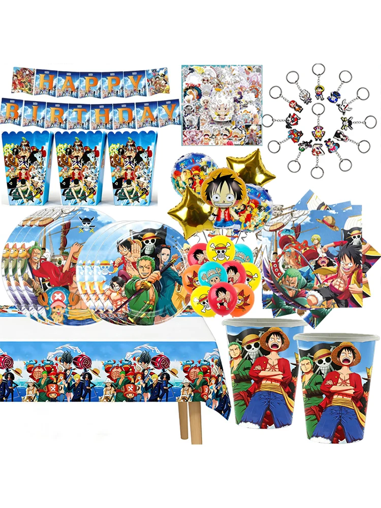 Zestaw dekoracji na przyjęcie urodzinowe w stylu One Piece: papierowe naczynia jednorazowe, kubki, talerze, serwetki, akcesoria imprezowe, breloczki, bransoletki do torebek. — zdjęcie 2