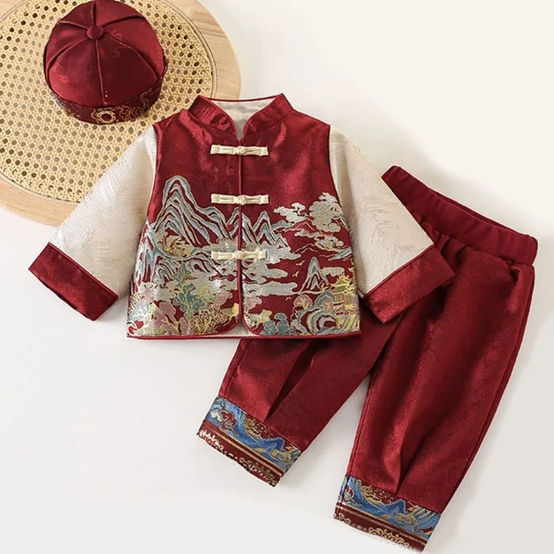 

3PCS Sets Autumn Costumes Baby Boy Clothes Chinese Style Red Print Fleece Long Sleeve Tops+Pants+Hat Kids Boutique Clothing B262